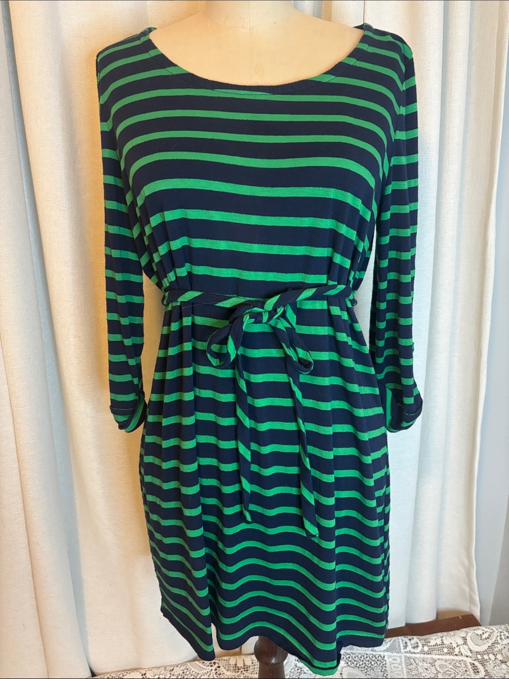 Motherhood Maternity Navy and Green Striped Tie-Waist Maternity Dress